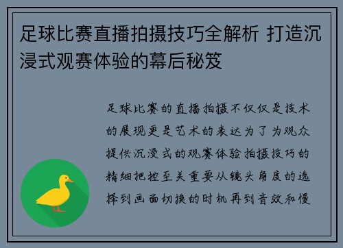 足球比赛直播拍摄技巧全解析 打造沉浸式观赛体验的幕后秘笈